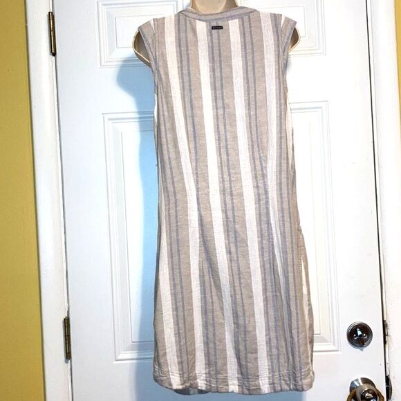 COLUMBIA Linen Coverup Beige Blue White Striped Hemp Cotton Dress Womens XS - Picture 4 of 10